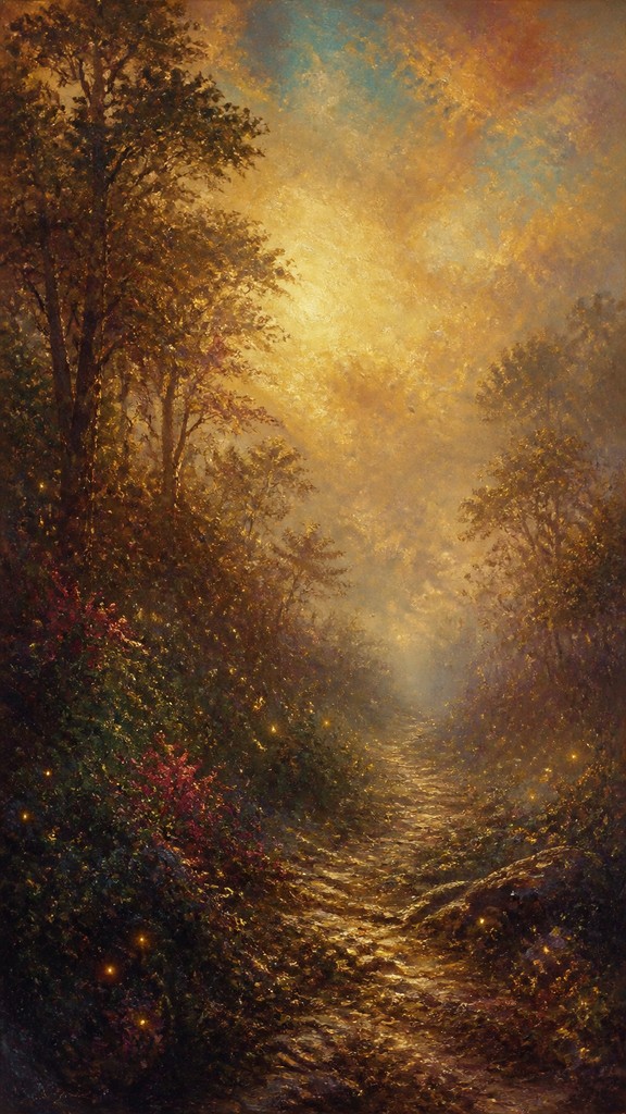 a mysterious forest path with fireflies and drifting mist, atmospheric vertical composition with open space at the top, no text
