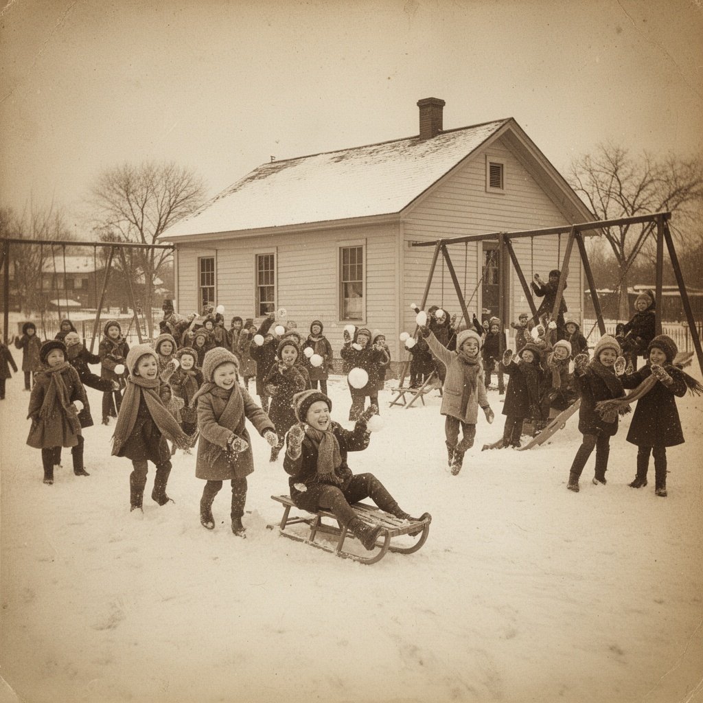 early 1900s American schoolhouse with snowy playground, dozens of children bundled in scarves and mittens, joyfully throwing snowballs, sliding down wooden sleds, climbing rustic playground equipment, nostalgic
