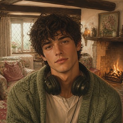 head-and-shoulders portrait of an original character: a young man with curly dark hair and headphones around his neck, plain backdrop, no text