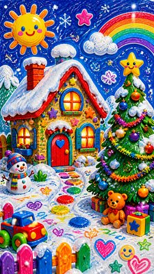 a snow-covered cottage with warm glowing windows beside a decorated pine tree, gentle snowfall, no text