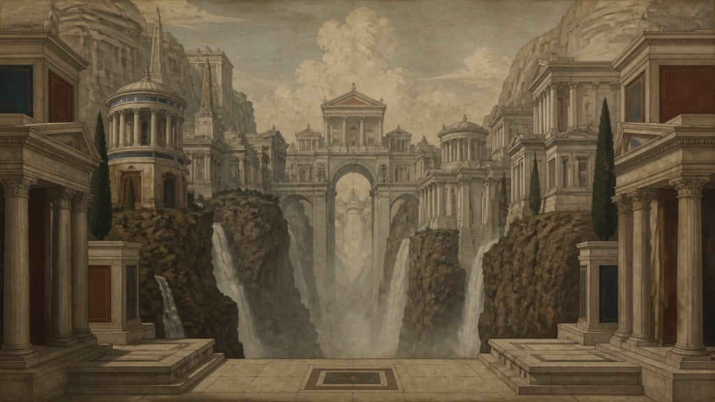 a cliffside city with waterfalls cascading into a misty canyon, wide establishing shot, no people, no text