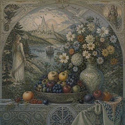 still life arrangement of fruits and flowers