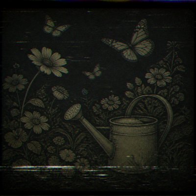 a garden scene with butterflies, flowers and a watering can, clean uncolored line art, no text