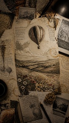 a hot air balloon drifting over rolling flower fields on a sunny day, cheerful, no text