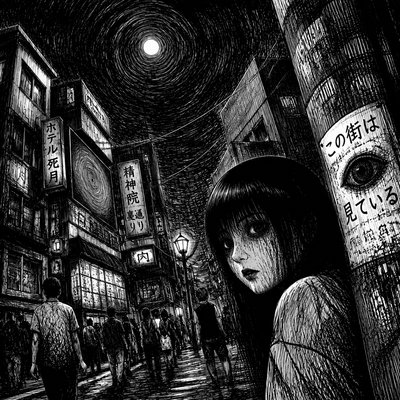 urban street with city activity — Horror Manga Art Style