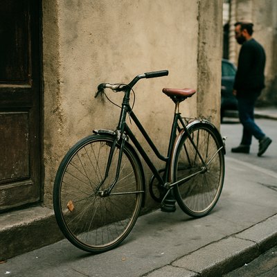 bicyle resting against a wall