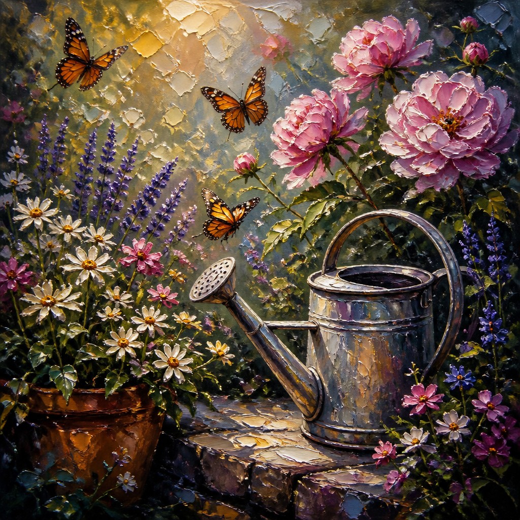 a garden scene with butterflies, flowers and a watering can, clean uncolored line art, no text