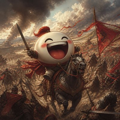 an exaggerated laughing face of an original round mascot character, bold and readable at small size, plain background, no text