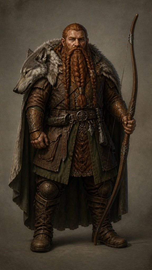 full-body original character: a dwarven ranger with a braided auburn beard, worn leather armor, a longbow and a wolf-pelt cloak, neutral background, no text