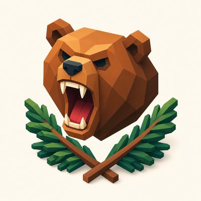 a roaring bear head above crossed pine branches, bold graphic composition on a plain background, no text