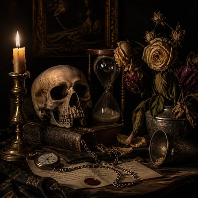 still life with everyday objects — Memento Mori Art Style