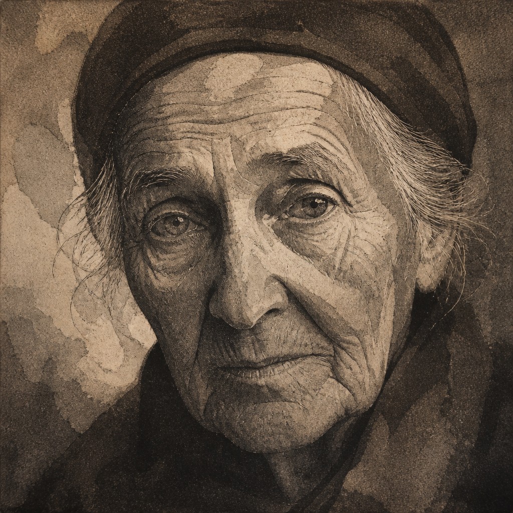 close-up portrait of an elderly person with expressive weathered features — Aquatint Print Style
