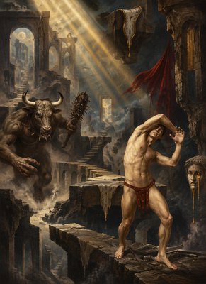 a painting of a man standing on a ledge in front of a demon