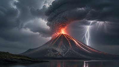 an erupting volcano with lightning strikes, dramatic wide composition, no text