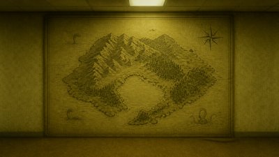 a map of an island realm with mountains, forests, a sheltered bay, sea monsters in the water and a compass rose, no text labels