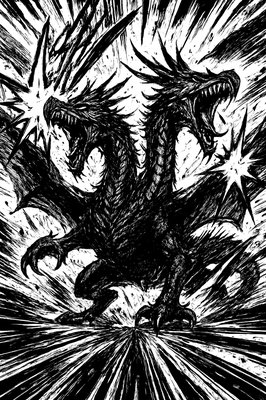 a black and white drawing of a dragon