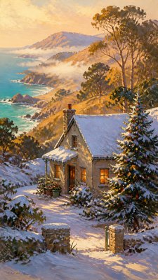 a snow-covered cottage with warm glowing windows beside a decorated pine tree, gentle snowfall, no text