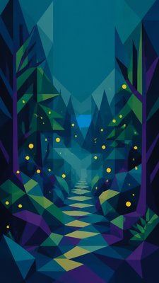 a mysterious forest path with fireflies and drifting mist, atmospheric vertical composition with open space at the top, no text