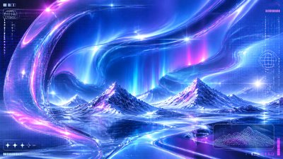 a flowing aurora over snowy peaks, wide sweeping composition, no people, no text