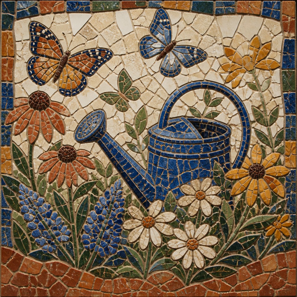 a garden scene with butterflies, flowers and a watering can, clean uncolored line art, no text