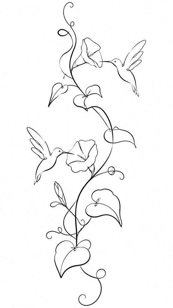 a climbing vine of flowers and hummingbirds on a dark background, tall wrapping composition, no text