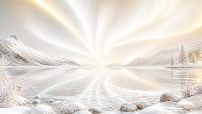 a sweeping aurora over a frozen lake, no people