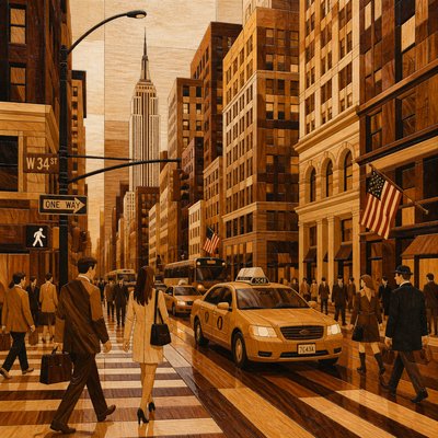 urban street with city activity — Marquetry Art Style