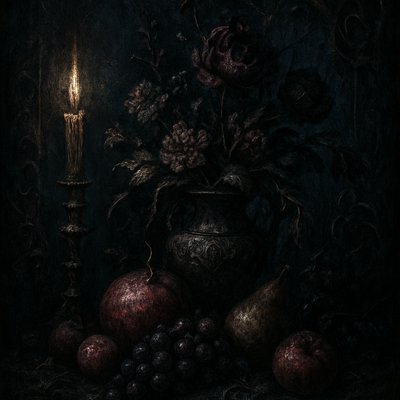 still life arrangement of fruits and flowers