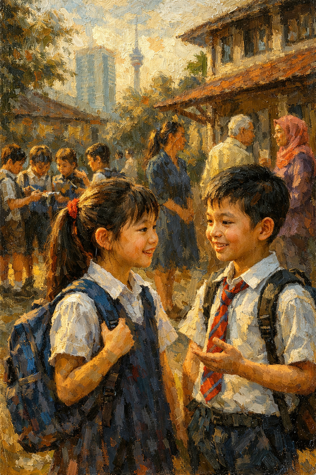 Morning scene. A 10 year old chinese girl and boy stand together talking in the schoolyard at a private school in Kerinchi neighborhood, Kuala Lumpur. Several teachers are also there. A circle of other children are standing off to the side playing games and comparing Pokemon cards, etc.