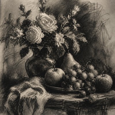 still life arrangement of fruits and flowers