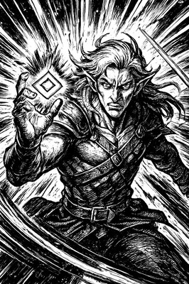 a black and white drawing of a man holding a sword
