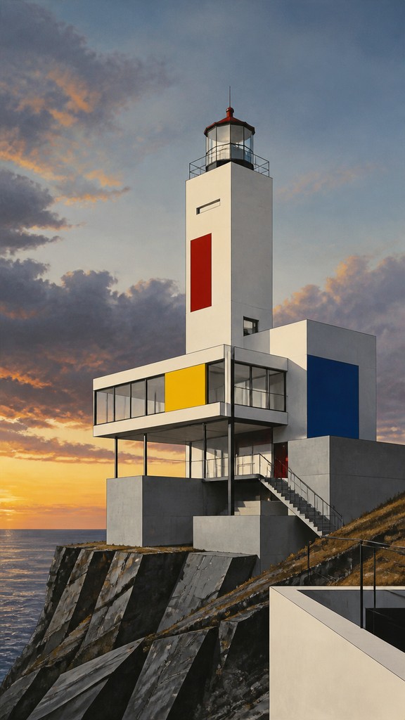 a lone lighthouse on a cliff at dusk under a dramatic sky, no text or lettering