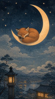 a sleeping baby fox curled on a crescent moon among soft stars, gentle and warm, no text
