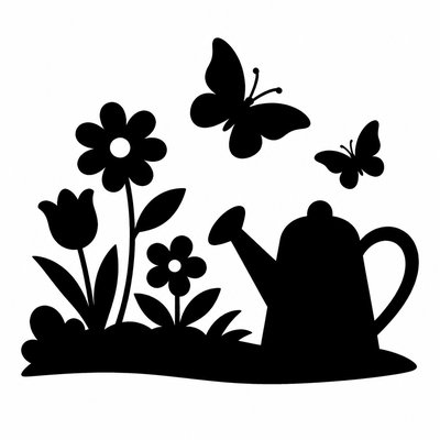 a garden scene with butterflies, flowers and a watering can, clean uncolored line art, no text