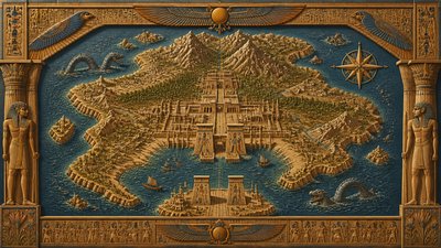 a map of an island realm with mountains, forests, a sheltered bay, sea monsters in the water and a compass rose, no text labels