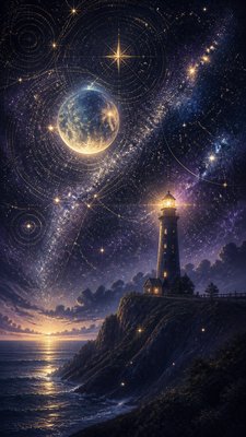 a lone lighthouse on a cliff at dusk under a dramatic sky, no text or lettering