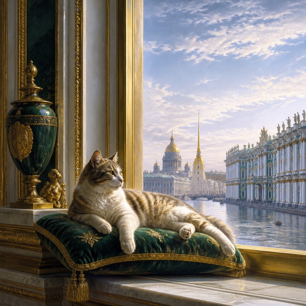 a cat lounging in a sunlit window — St. Petersburg Imperial Art Style