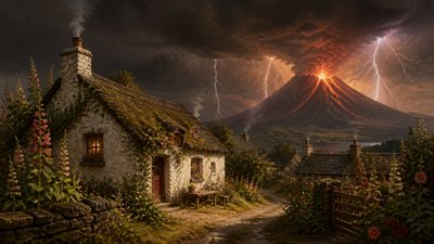 an erupting volcano with lightning strikes, dramatic wide composition, no text