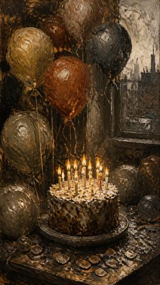 a birthday cake with lit candles surrounded by balloons and confetti, festive vertical composition, no text