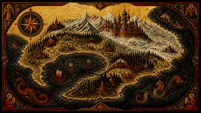 a map of an island realm with mountains, forests, a sheltered bay, sea monsters in the water and a compass rose, no text labels