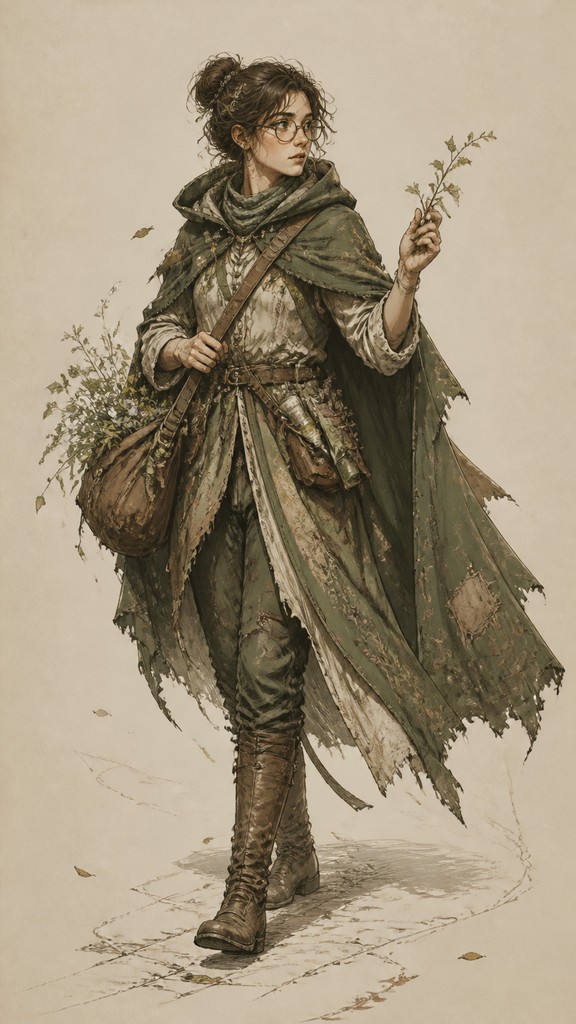 full-body original character: a wandering botanist with a satchel of plants, a patched green cloak, tall boots and round glasses, neutral background