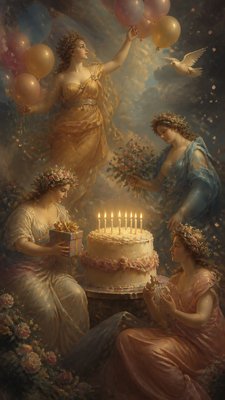 a birthday cake with lit candles surrounded by balloons and confetti, festive vertical composition, no text