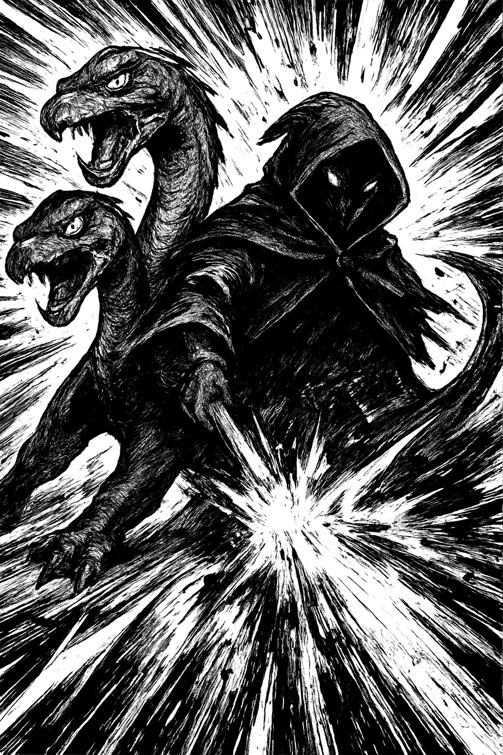 a black and white drawing of a person riding a dinosaur
