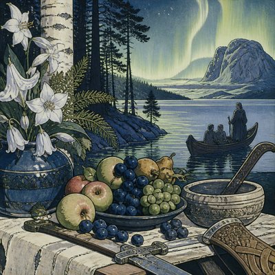 still life arrangement of fruits and flowers