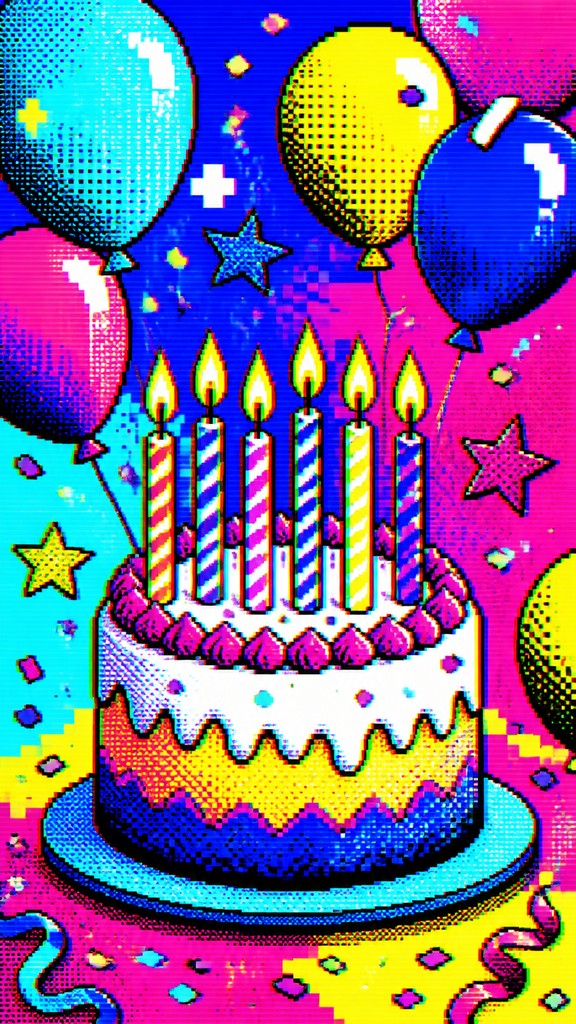 a birthday cake with lit candles surrounded by balloons and confetti, festive vertical composition, no text