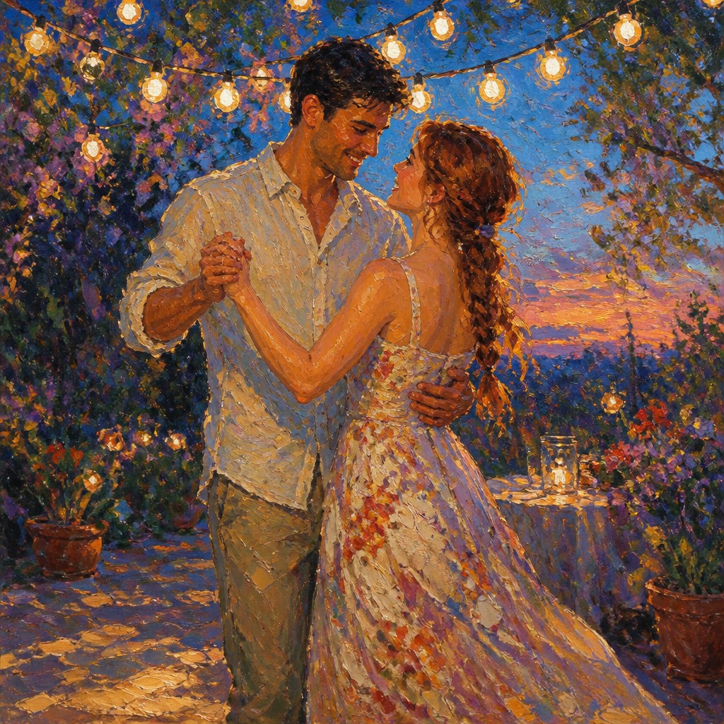 an original couple dancing under string lights in a garden at dusk: a man with short black hair in a linen shirt and a woman with braided red hair in a summer dress