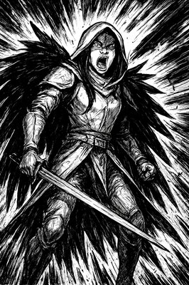a black and white drawing of a person with a sword