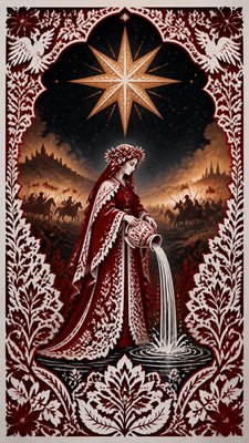 a robed figure pouring water beneath a large eight-pointed star in a night sky, symmetrical composition with an ornate decorative border, no text