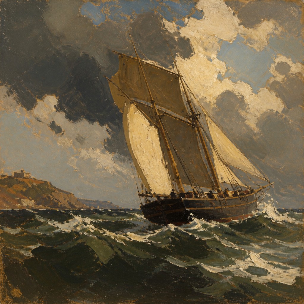 sailing ship on a stormy sea — Macchiaioli Art Style