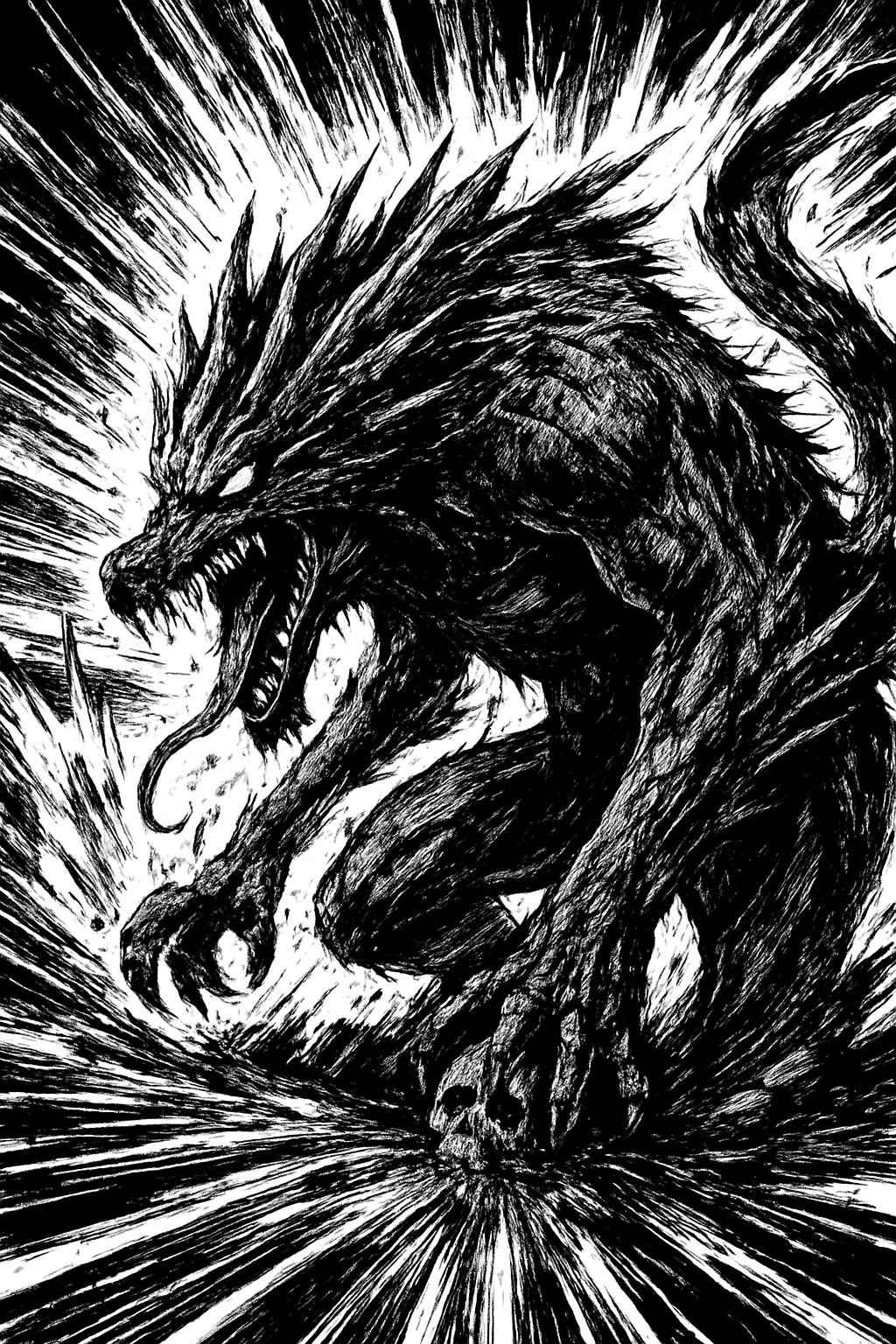 a black and white drawing of a godzilla